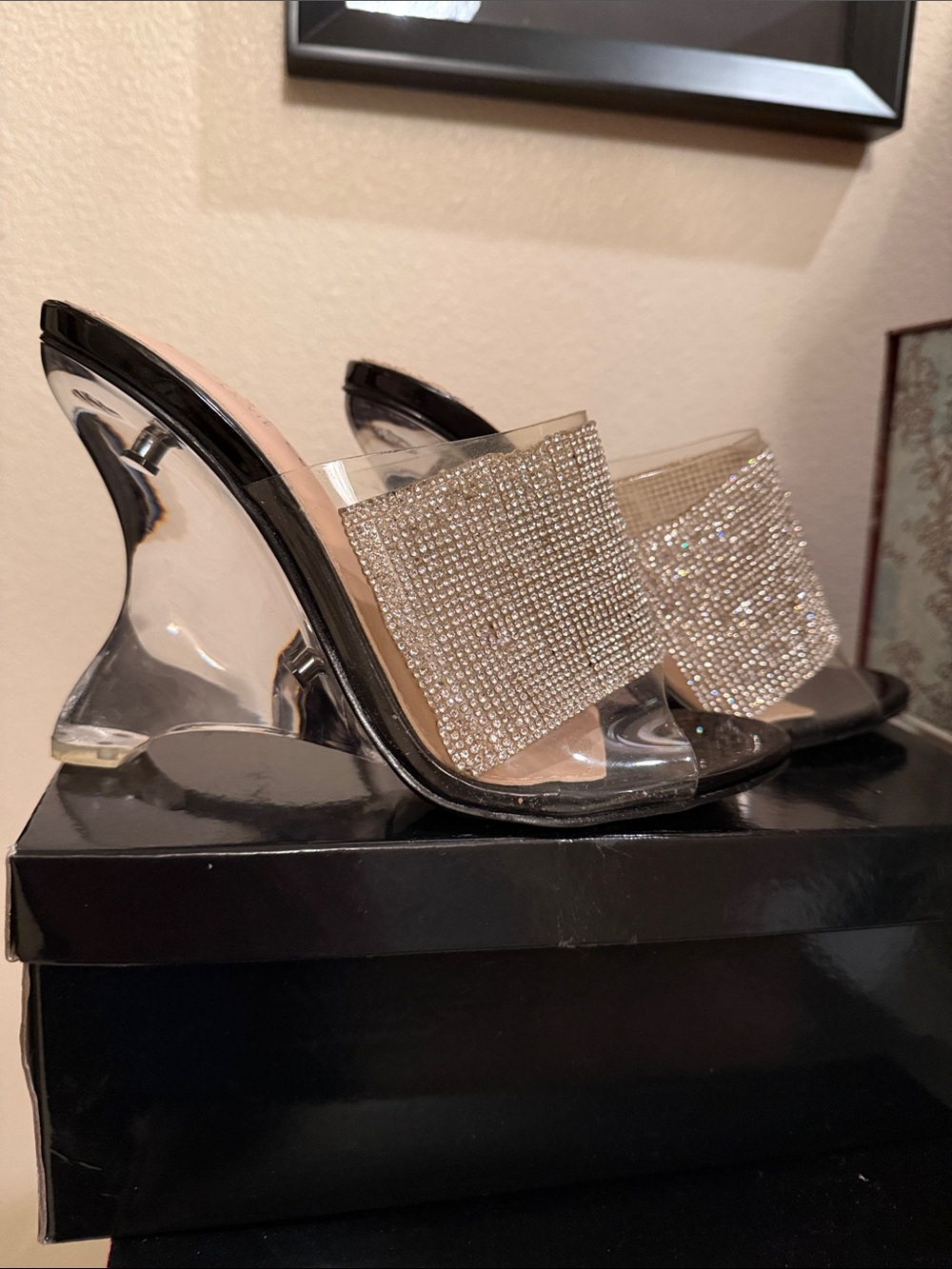 Camille La Vie Clear Wedge Heels with Rhinestone Strap - Black Accents
